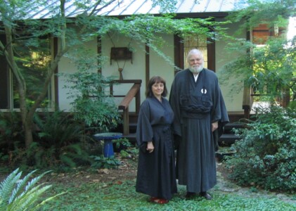 Shozan Marc Joslyn and Myodo Hajnalka Joslyn in front of the Zendo in September 2006.